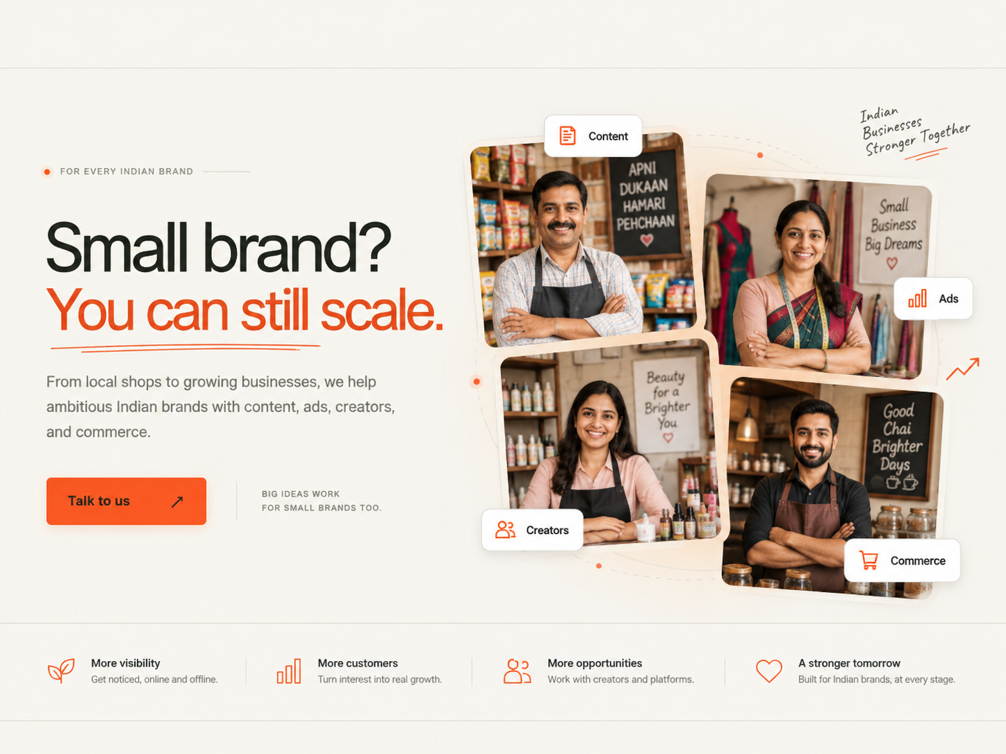 Illustration of Indian grocery, boutique, beauty and café owners, with Content, Ads, Creators and Commerce labels. Indian businesses, stronger together.